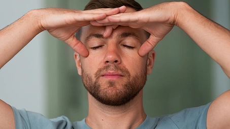 Een gestreste gamer houdt zijn hoofd vast en sluit zijn ogen na een lange gamesessie of een moeilijke wedstrijd.