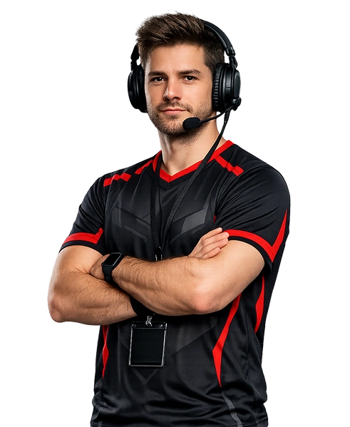 Professionele e-sportspeler met gamingheadset en teamshirt staat zelfverzekerd met de armen over elkaar.