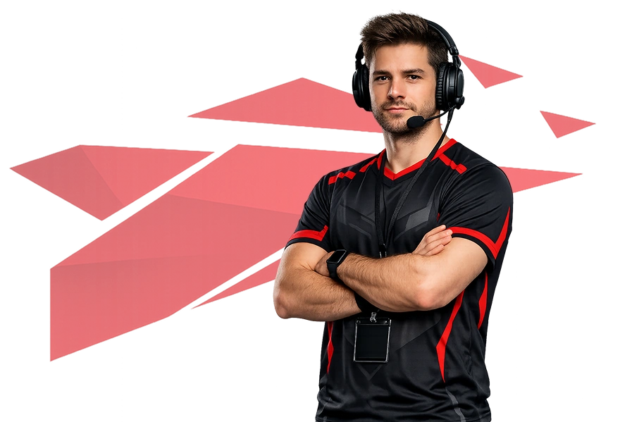 Professionele e-sportspeler met gamingheadset en teamshirt staat zelfverzekerd met de armen over elkaar.